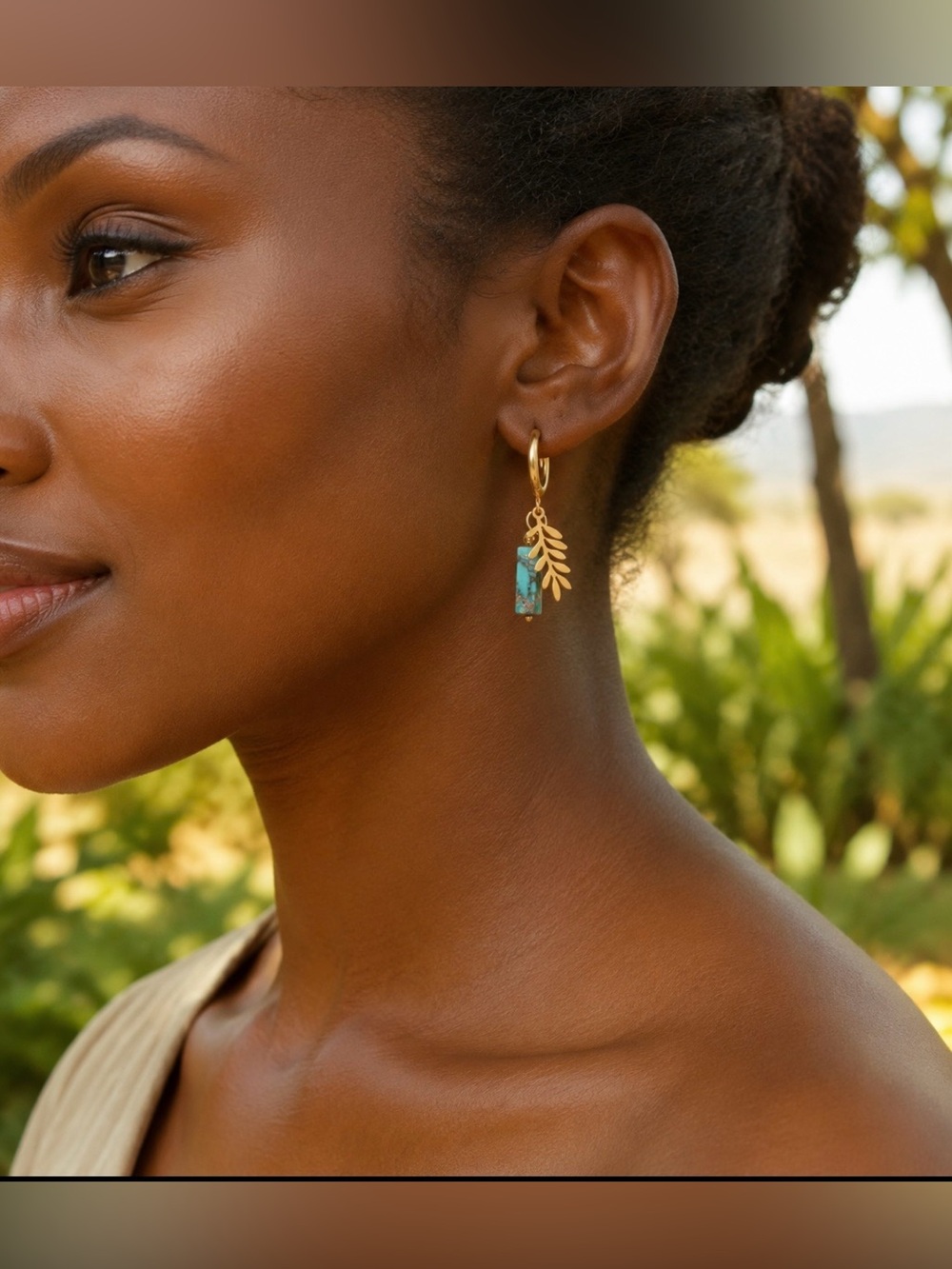 Gold  Hoop Earrings With Turquoise Natural Stone-Stainlees St,18K Gold Plated